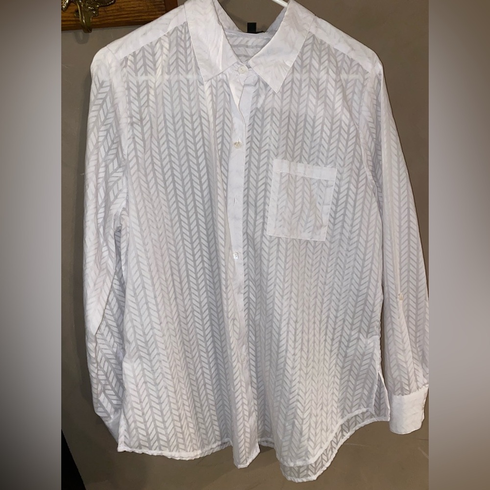 HANNAH Sheer Chevron Button Down Collar Blouse Long Sleeve Shirt